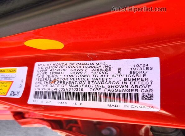 2HGFE4F83SH310319 2025 HONDA CIVIC Red Engine compartment view