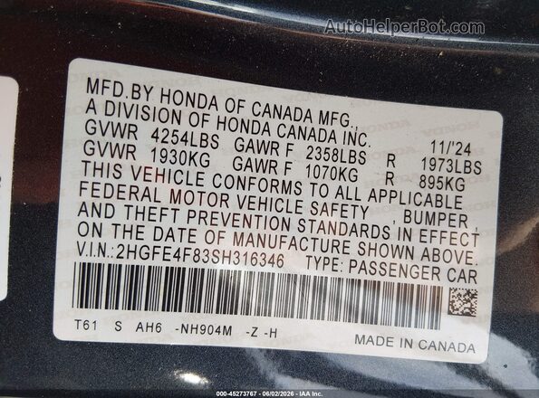 2HGFE4F83SH316346 2025 HONDA CIVIC Gray Vista del compartimento del motor