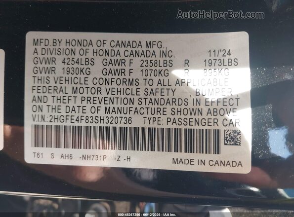 2HGFE4F83SH320736 2025 HONDA CIVIC Black Engine compartment view
