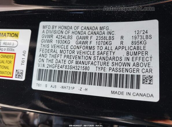 2HGFE4F83SH321580 2025 HONDA CIVIC Black Շարժիչի բաժամունքի տեսք