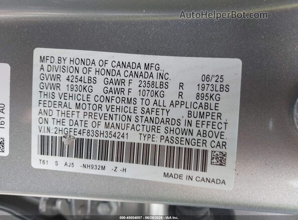 2HGFE4F83SH354241 2025 HONDA CIVIC Серебряный Вид подкапотного пространства