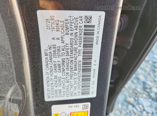 2HGFE4F83TH303579 2026 HONDA CIVIC Gray VIN կոդի պիտակի տեսք