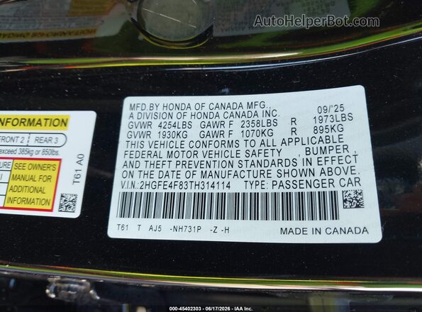 2HGFE4F83TH314114 2026 HONDA CIVIC Черный Вид подкапотного пространства