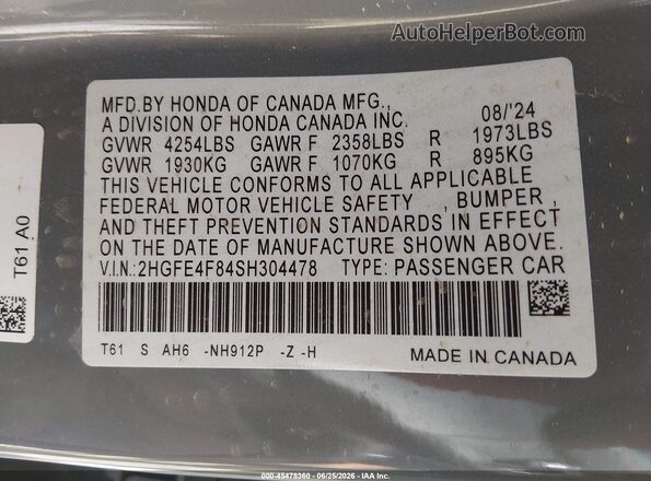 2HGFE4F84SH304478 2025 HONDA CIVIC Gray Вид підкапотного простору