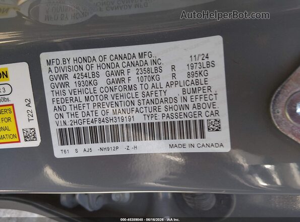 2HGFE4F84SH319191 2025 HONDA CIVIC Gray ძრავის განყოფილების ხედი