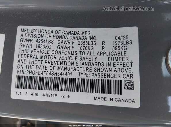 2HGFE4F84SH344401 2025 HONDA CIVIC Gray Вид підкапотного простору