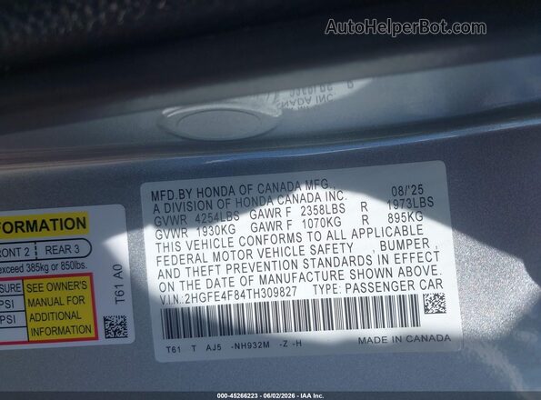 2HGFE4F84TH309827 2026 HONDA CIVIC Gray Engine compartment view