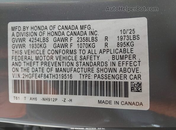 2HGFE4F84TH319516 2026 HONDA CIVIC Gray Engine compartment view
