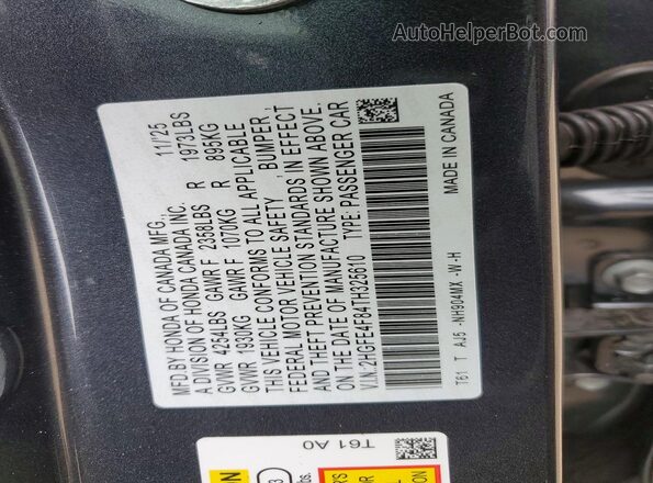 2HGFE4F84TH325610 2026 HONDA CIVIC Gray Widok naklejki z numerem VIN