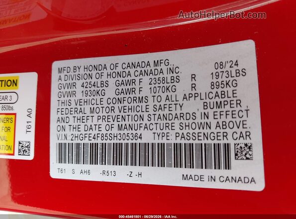 2HGFE4F85SH305364 2025 HONDA CIVIC Red Vista del compartimento del motor