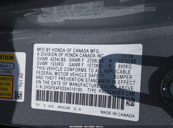 2HGFE4F85SH316185 2025 HONDA CIVIC HYBRID Silver Вид підкапотного простору