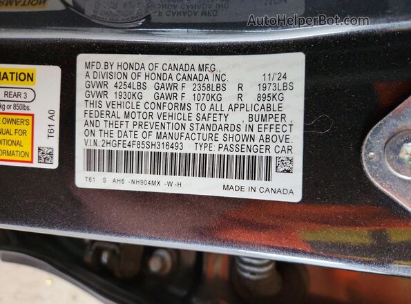 2HGFE4F85SH316493 2025 HONDA CIVIC Charcoal Вид підкапотного простору