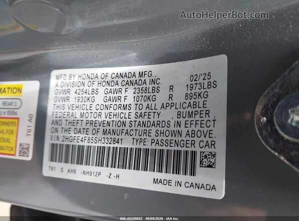 2HGFE4F85SH332841 2025 HONDA CIVIC Gray Vista del compartimento del motor