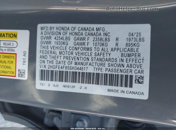 2HGFE4F85SH344617 2025 HONDA CIVIC Gray Շարժիչի բաժամունքի տեսք