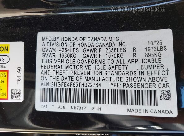 2HGFE4F85TH322764 2026 HONDA CIVIC Black ძრავის განყოფილების ხედი