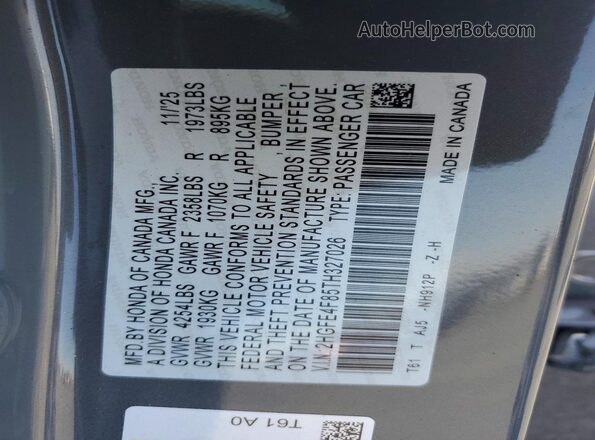 2HGFE4F85TH327026 2026 HONDA CIVIC Серый 