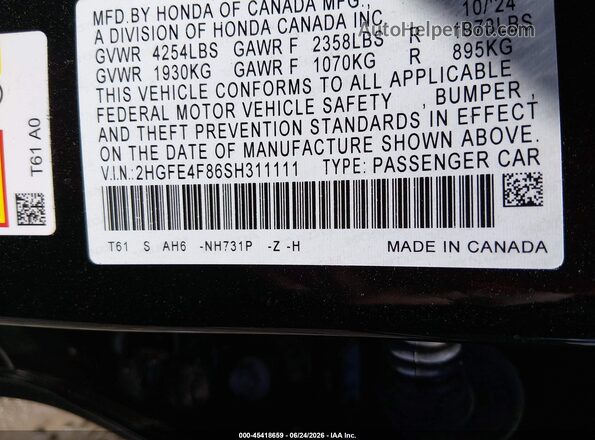 2HGFE4F86SH311111 2025 HONDA CIVIC Black Շարժիչի բաժամունքի տեսք