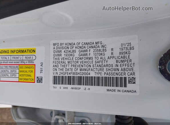 2HGFE4F86SH326904 2025 HONDA CIVIC White Շարժիչի բաժամունքի տեսք