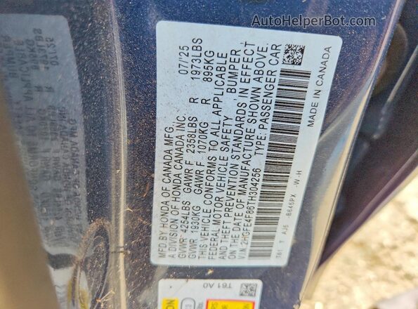 2HGFE4F86TH304256 2026 HONDA CIVIC Blue Вид наклейки з VIN-кодом