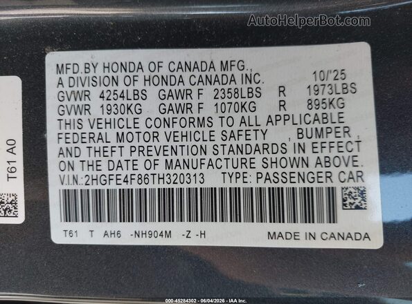 2HGFE4F86TH320313 2026 HONDA CIVIC Gray Շարժիչի բաժամունքի տեսք