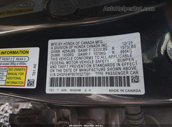 2HGFE4F86TH327391 2026 HONDA CIVIC Black Engine compartment view