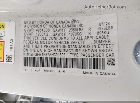2HGFE4F87SH301803 2025 HONDA CIVIC White Vista del compartimento del motor