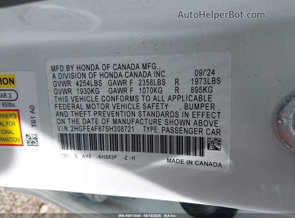 2HGFE4F87SH308721 2025 HONDA CIVIC White Vista del compartimento del motor