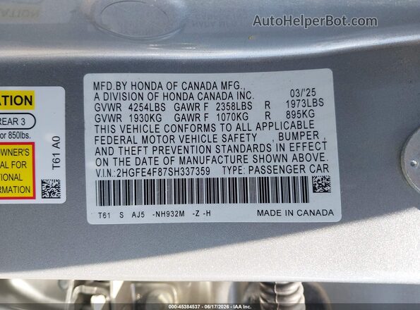 2HGFE4F87SH337359 2025 HONDA CIVIC Silver Շարժիչի բաժամունքի տեսք