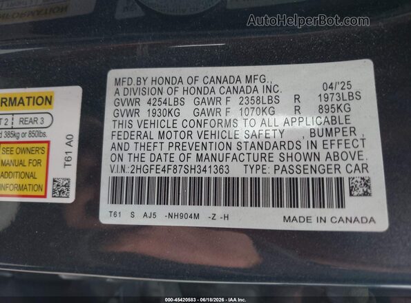 2HGFE4F87SH341363 2025 HONDA CIVIC Gray Вид підкапотного простору
