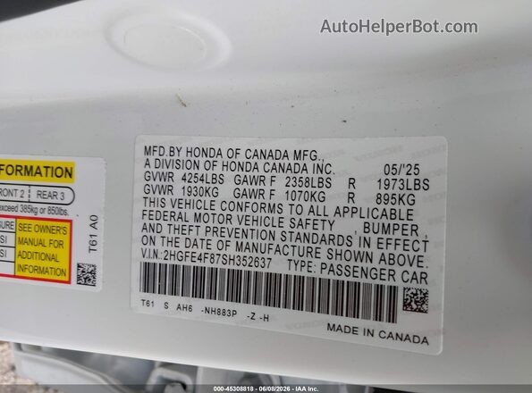 2HGFE4F87SH352637 2025 HONDA CIVIC White Widok komory silnika
