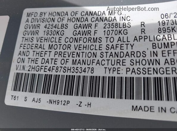 2HGFE4F87SH353478 2025 HONDA CIVIC Gray ძრავის განყოფილების ხედი