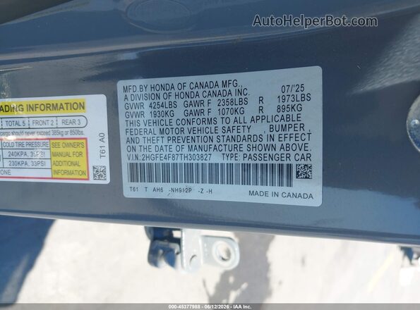 2HGFE4F87TH303827 2026 HONDA CIVIC Gray Вид підкапотного простору
