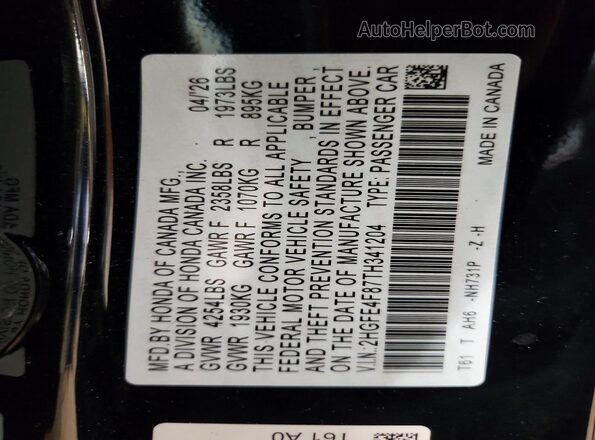 2HGFE4F87TH341204 2026 HONDA CIVIC Black VIN sticker view