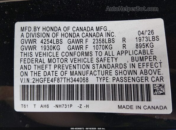 2HGFE4F87TH344068 2026 HONDA CIVIC HYBRID Black 