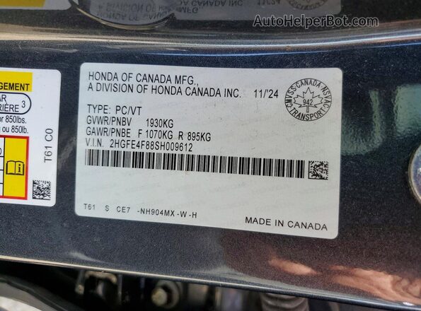 2HGFE4F88SH009612 2025 HONDA CIVIC Серый 