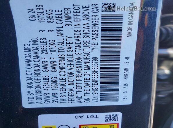 2HGFE4F88SH303799 2025 HONDA CIVIC Charcoal Widok naklejki z numerem VIN