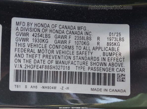 2HGFE4F88SH327018 2025 HONDA CIVIC Gray Вид підкапотного простору