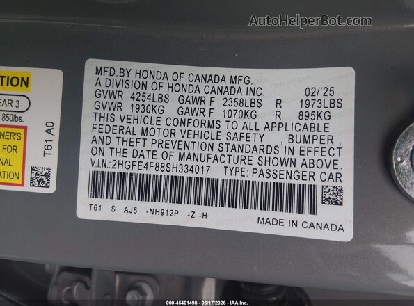 2HGFE4F88SH334017 2025 HONDA CIVIC Серый Вид подкапотного пространства