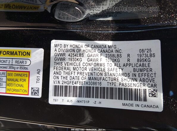 2HGFE4F88TH308616 2026 HONDA CIVIC Черный Вид подкапотного пространства