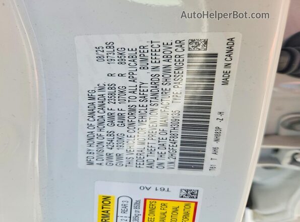 2HGFE4F88TH309135 2026 HONDA CIVIC White 