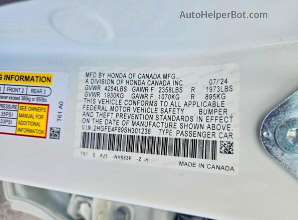 2HGFE4F89SH301236 2025 HONDA CIVIC White Widok komory silnika