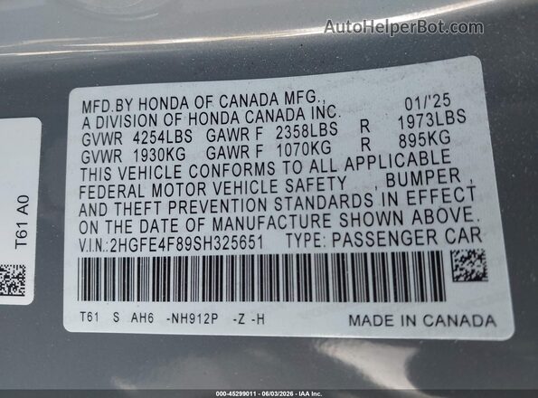 2HGFE4F89SH325651 2025 HONDA CIVIC Gray ძრავის განყოფილების ხედი