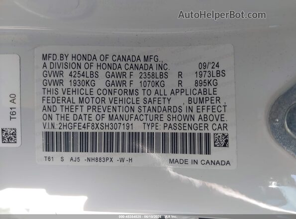 2HGFE4F8XSH307191 2025 HONDA CIVIC HYBRID White 