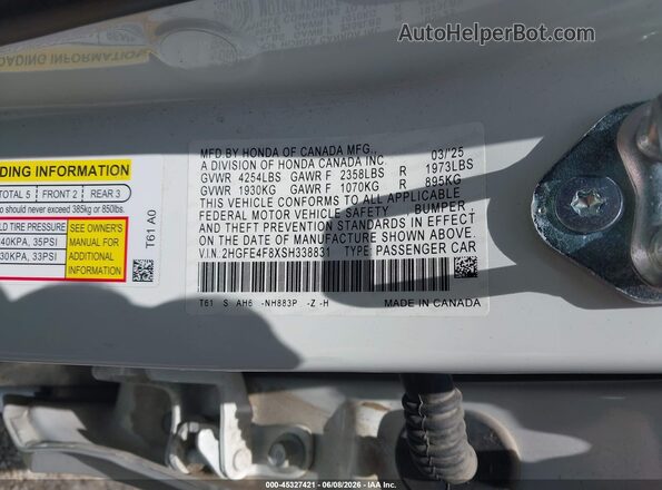 2HGFE4F8XSH338831 2025 HONDA CIVIC White ძრავის განყოფილების ხედი