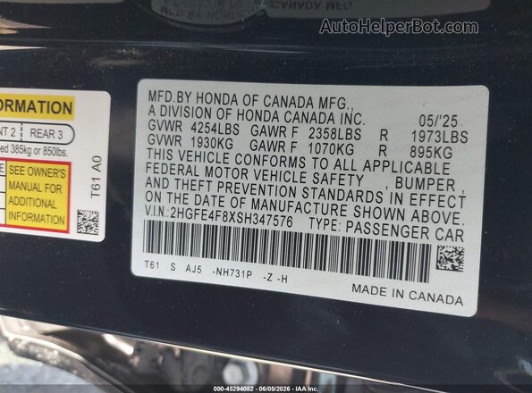 2HGFE4F8XSH347576 2025 HONDA CIVIC Black Շարժիչի բաժամունքի տեսք