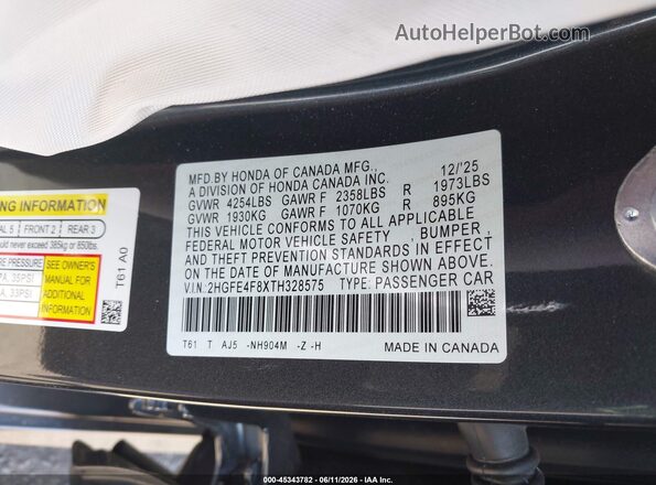 2HGFE4F8XTH328575 2026 HONDA CIVIC Black Շարժիչի բաժամունքի տեսք