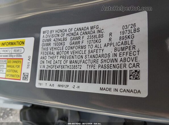 2HGFE4F8XTH338572 2026 HONDA CIVIC Gray Вид підкапотного простору