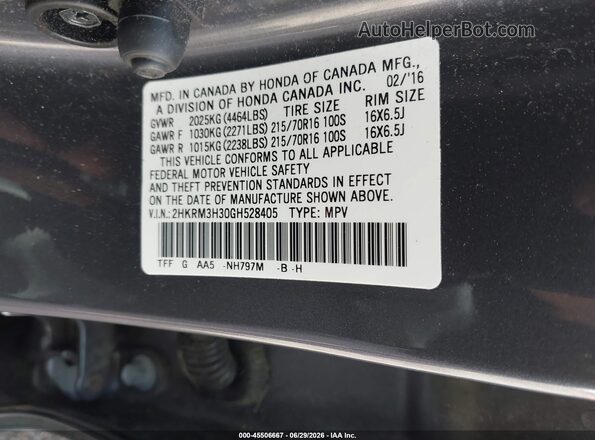 2HKRM3H30GH528405 2016 HONDA CR-V Gray Вид підкапотного простору
