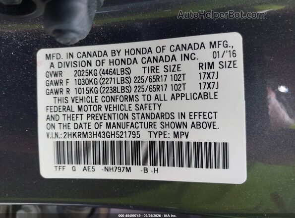 2HKRM3H43GH521795 2016 HONDA CR-V Серебряный Вид подкапотного пространства