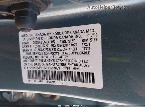 2HKRM3H52GH517889 2016 HONDA CR-V Light Blue Շարժիչի բաժամունքի տեսք